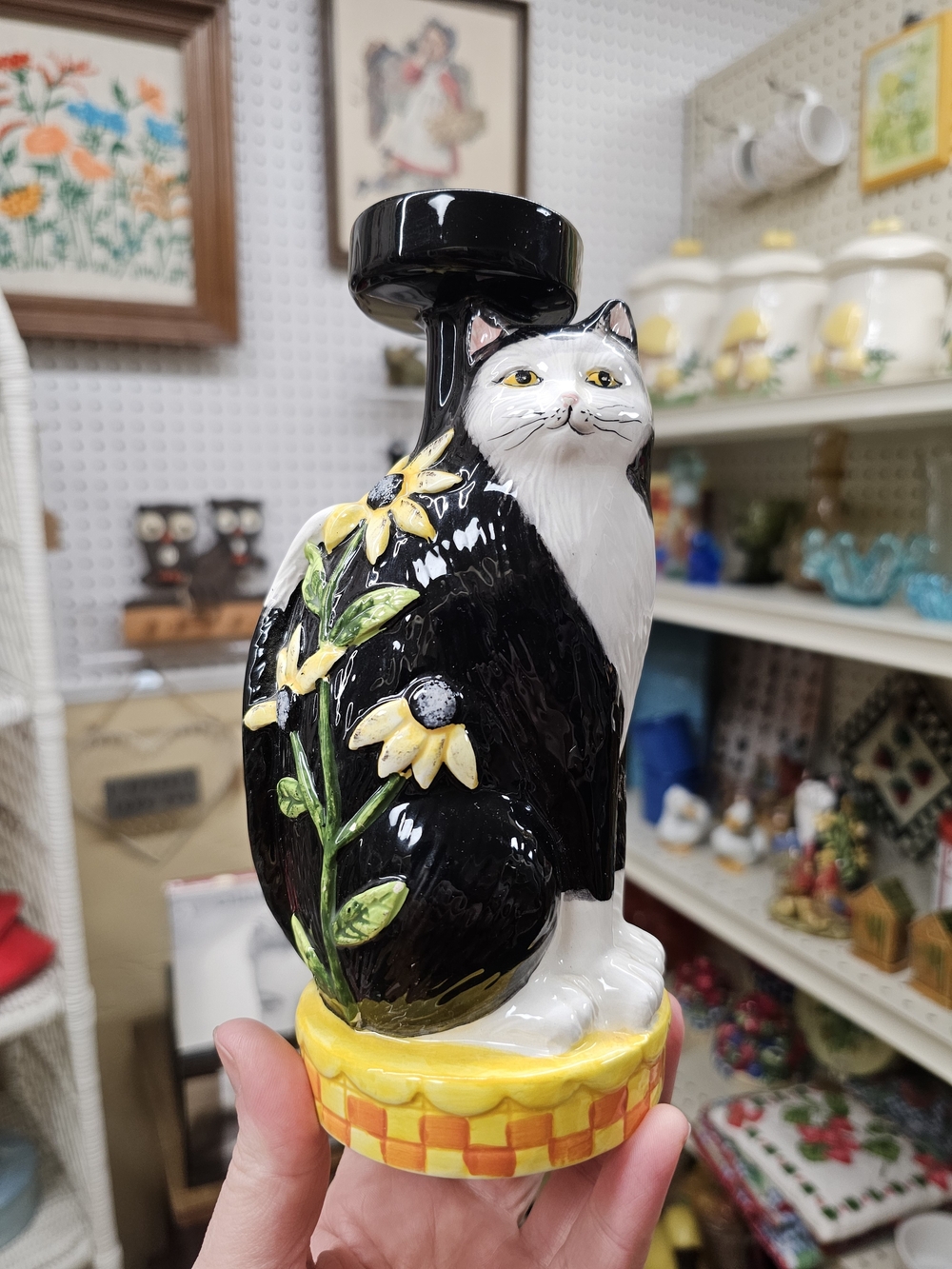 Vintage Nantucket Home Ceramic Cat Candle Holder Votive Yellow Flower Whimsy 90s